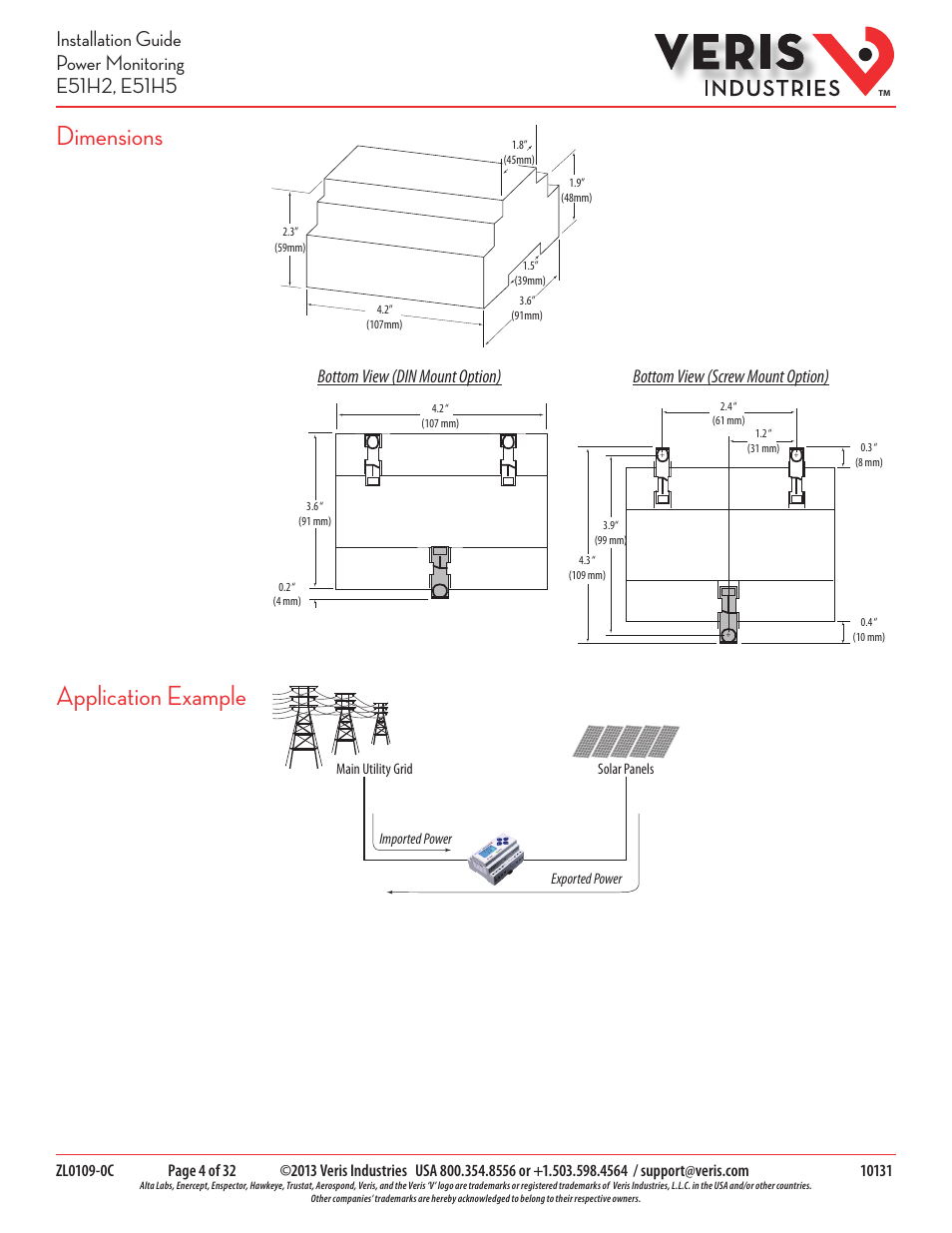 Dimensions, Application example | Veris Industries E51H5 Install User Manual | Page 4 / 32