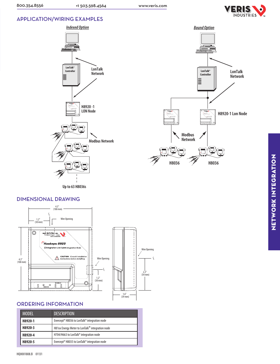 Net w ork inte gra tion, Application/wiring examples, Dimensional drawing | Ordering information, Model description | Veris Industries H8920-x SERIES Datasheet User Manual | Page 2 / 2