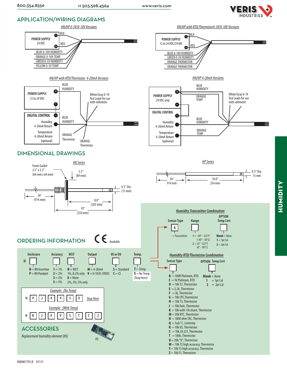 Hu midit y, Dimensional drawings application/wiring diagrams, Accessories | Ordering information | Veris Industries HP SERIES Datasheet User Manual | Page 2 / 2