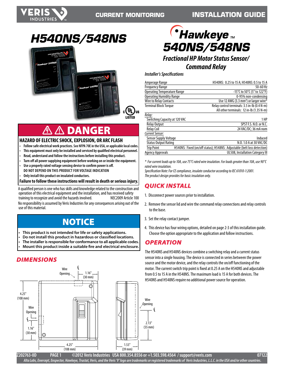 Veris Industries H540NS Install User Manual | 4 pages