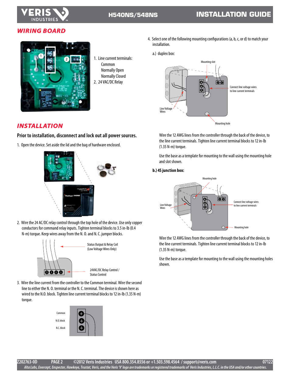 Installation guide, Wiring board, Installation | Veris Industries H540NS Install User Manual | Page 2 / 4