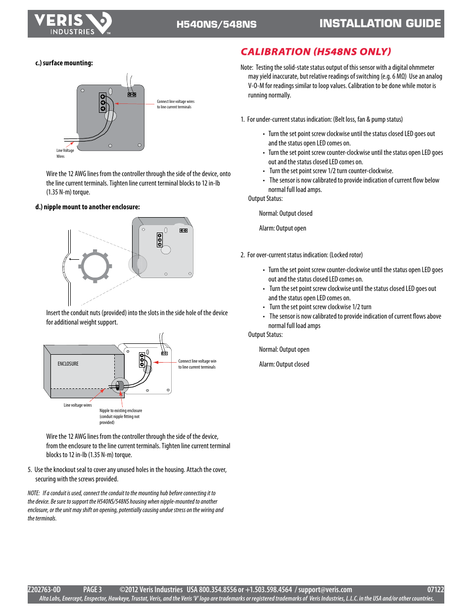 Installation guide, Calibration (h548ns only) | Veris Industries H540NS Install User Manual | Page 3 / 4