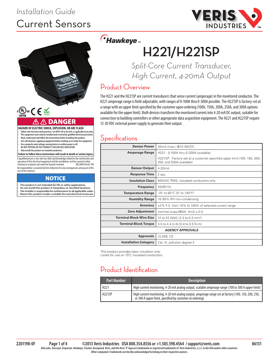 Veris Industries H221 Install User Manual | 4 pages
