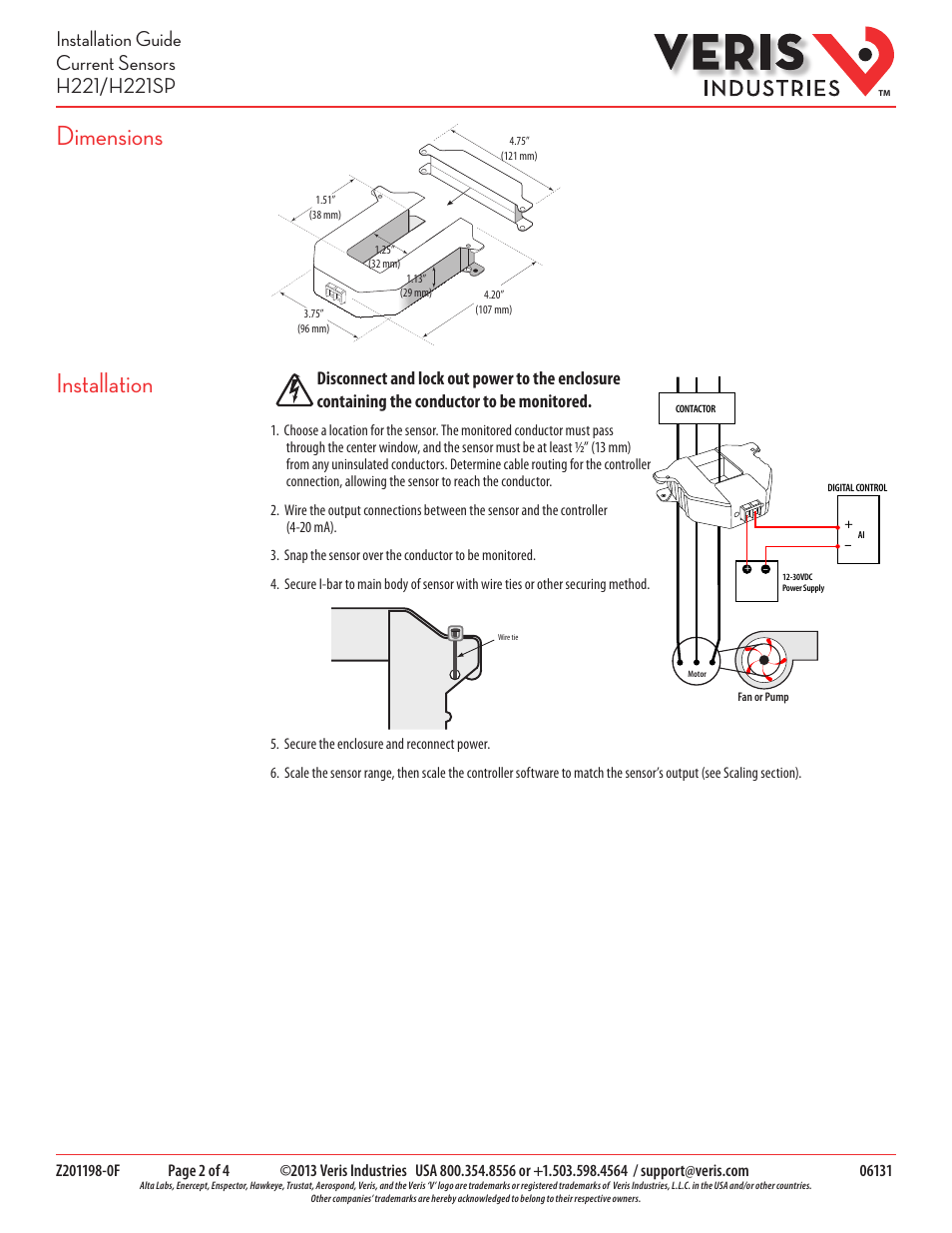 Dimensions, Installation | Veris Industries H221 Install User Manual | Page 2 / 4