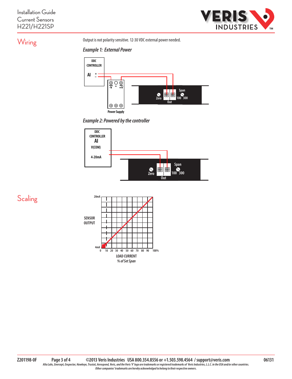 Wiring, Scaling | Veris Industries H221 Install User Manual | Page 3 / 4