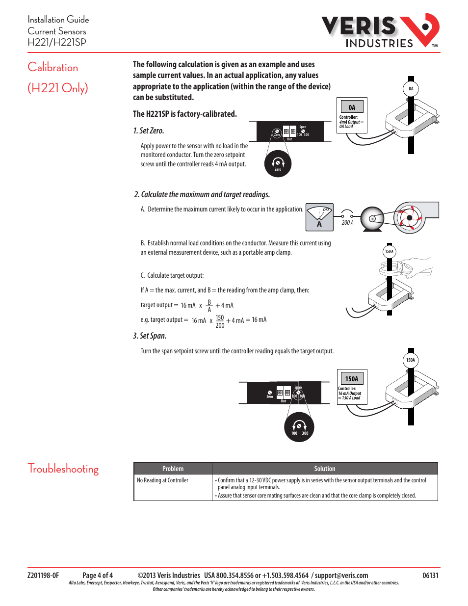 Calibration (h221 only) troubleshooting, Calculate the maximum and target readings, Set span | Veris Industries H221 Install User Manual | Page 4 / 4