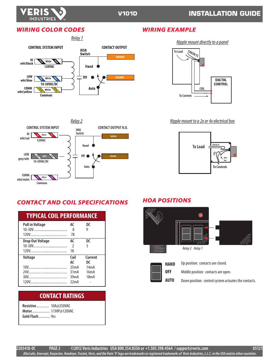 Typical coil performance contact ratings, Installation guide, Hoa positions wiring example | Wiring color codes contact and coil specifications, V101d, Relay 1 relay 2, Hand off auto | Veris Industries V101D Install User Manual | Page 2 / 2