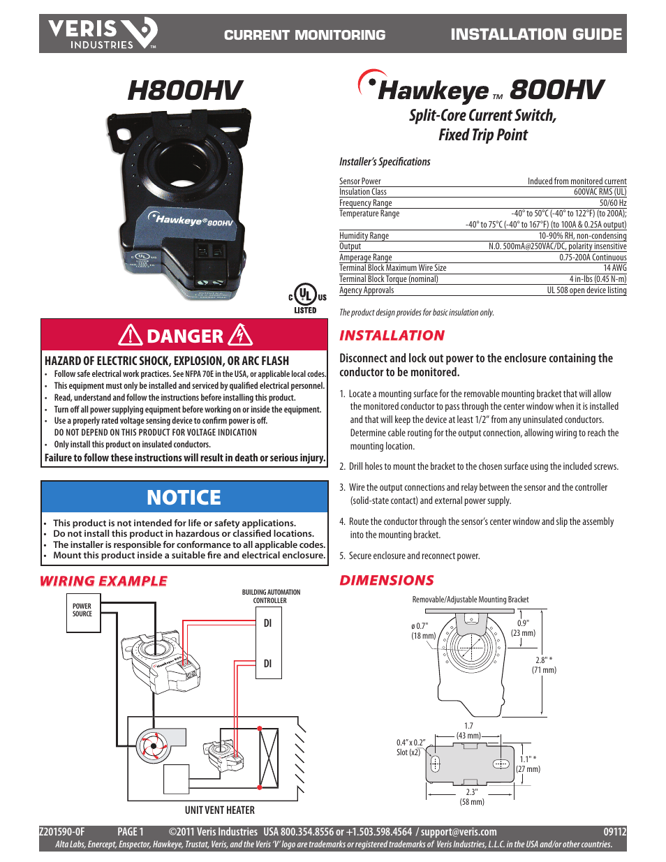 Veris Industries H800-HV Install User Manual | 2 pages