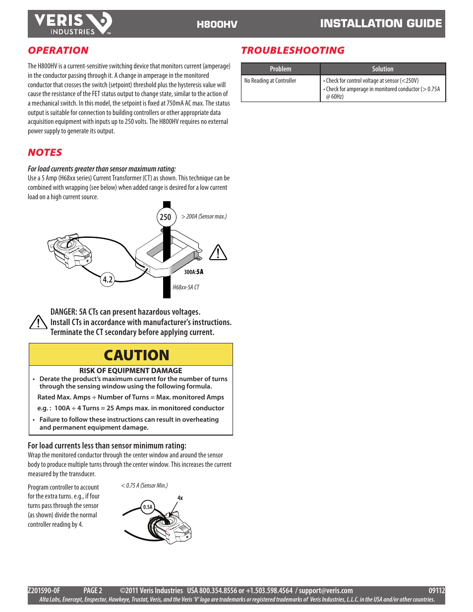 Caution, Installation guide, Operation | Troubleshooting | Veris Industries H800-HV Install User Manual | Page 2 / 2