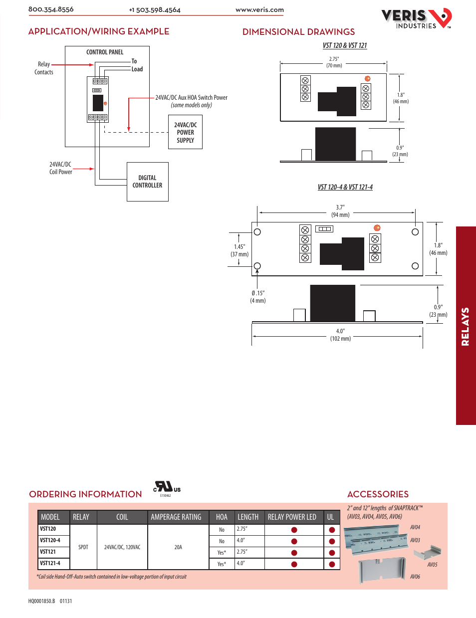 Rel ay s, Dimensional drawings application/wiring example, Accessories | Ordering information | Veris Industries VST120 SERIES Datasheet User Manual | Page 2 / 2