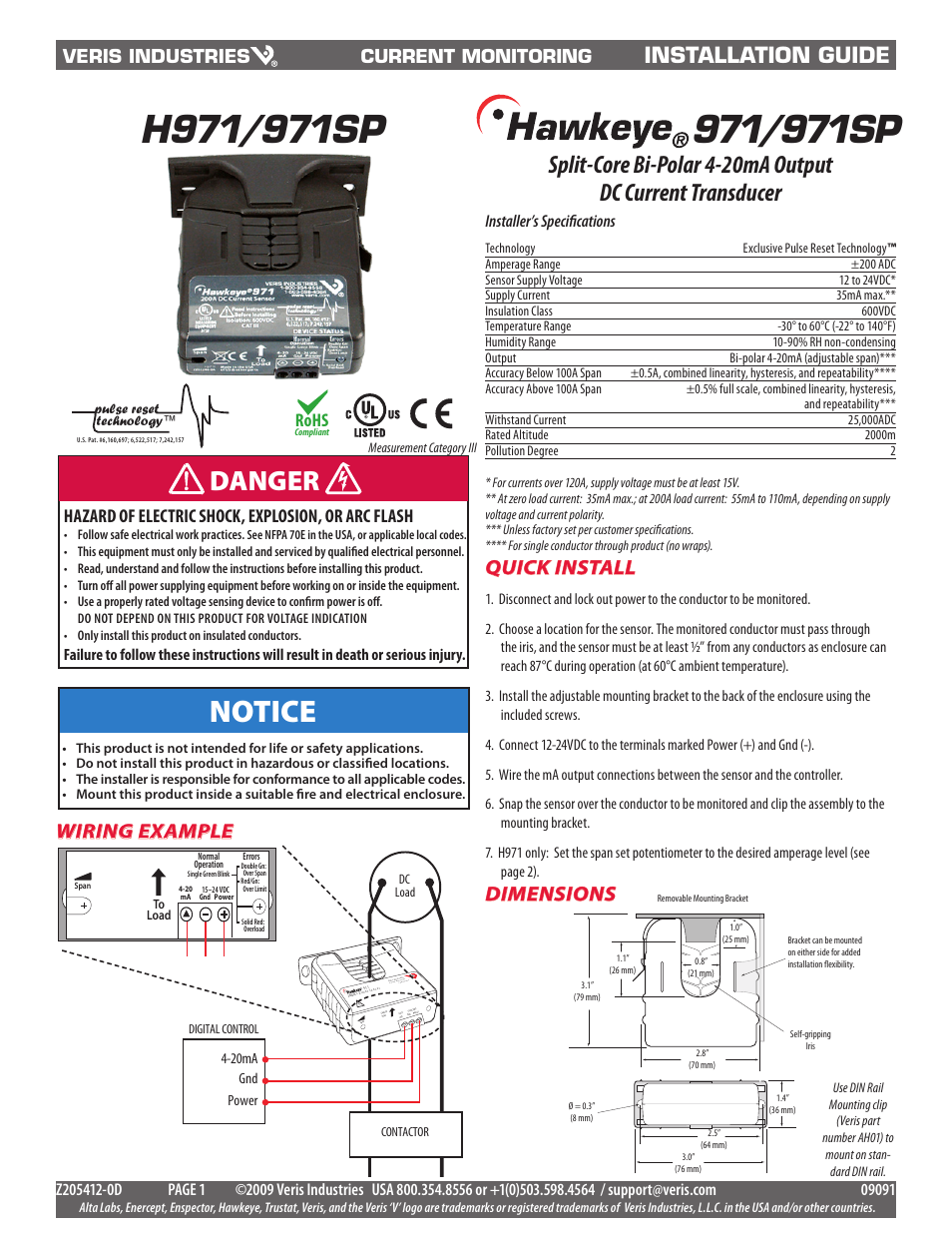 Veris Industries H971 Install User Manual | 2 pages