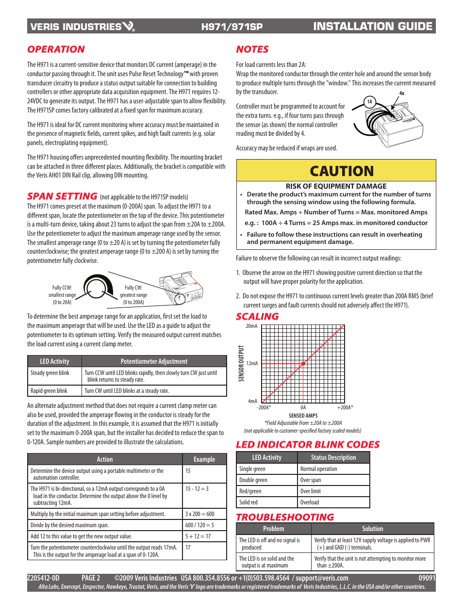 Caution, Installation guide, Operation | Troubleshooting, Scaling, Span setting, Led indicator blink codes, Veris industries | Veris Industries H971 Install User Manual | Page 2 / 2