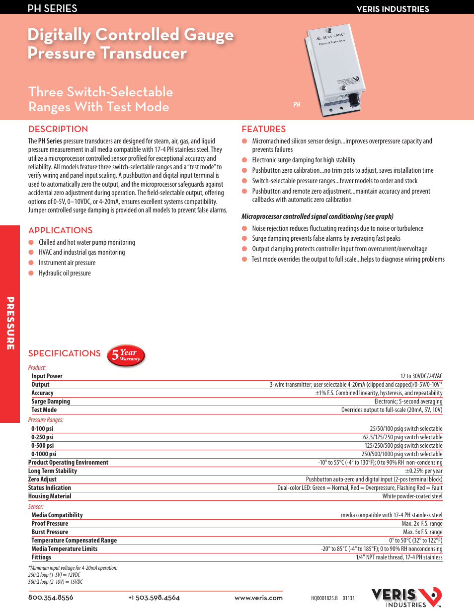 Veris Industries PH SERIES Datasheet User Manual | 2 pages