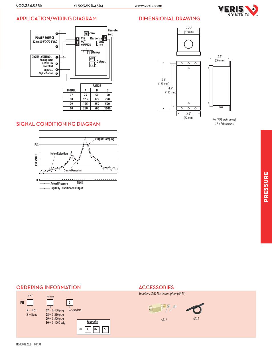 Pressure, Application/wiring diagram dimensional drawing, Accessories | Ordering information, Signal conditioning diagram | Veris Industries PH SERIES Datasheet User Manual | Page 2 / 2