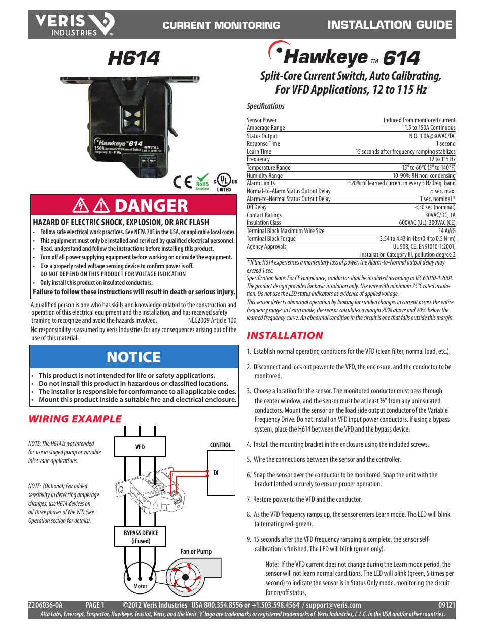 Veris Industries H614 Install User Manual | 2 pages