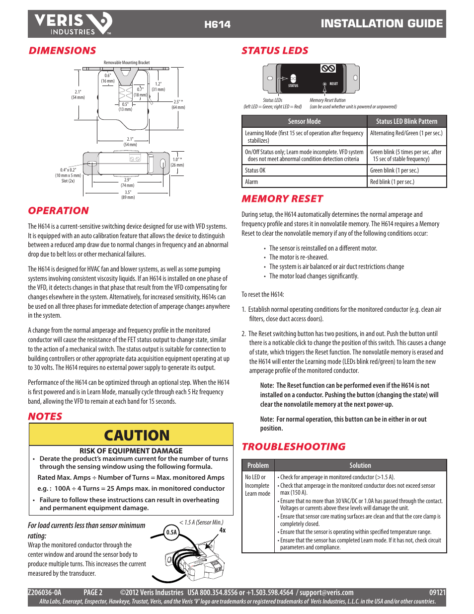 Caution, Installation guide, Operation | Status leds, Troubleshooting, Dimensions, H614, For load currents less than sensor minimum rating | Veris Industries H614 Install User Manual | Page 2 / 2