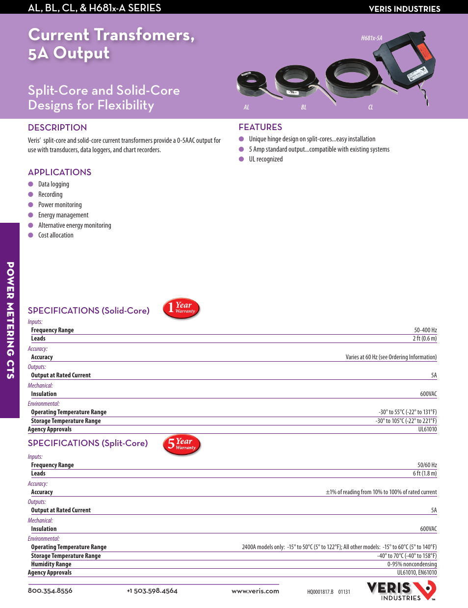 Veris Industries H681x-A SERIES Datasheet User Manual | 2 pages