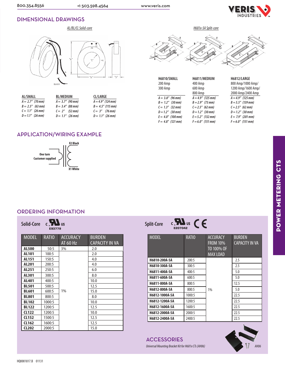 Po wer metering ct s, Dimensional drawings, Application/wiring example | Accessories, Ordering information, Solid-core split-core | Veris Industries H681x-A SERIES Datasheet User Manual | Page 2 / 2