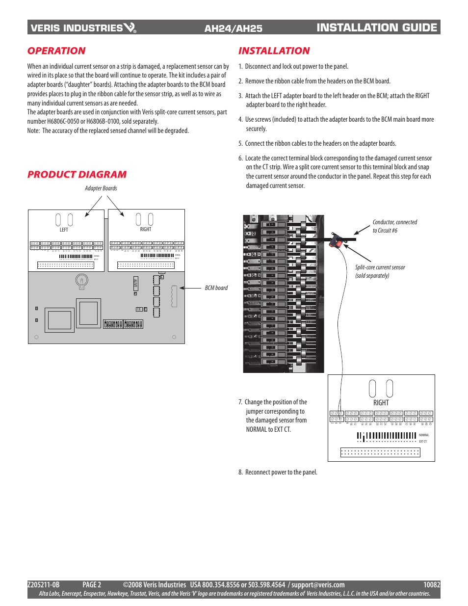 Installation guide, Operation, Installation | Product diagram, Ah24/ah25, Adapter boards bcm board, Right | Veris Industries AH25 Install User Manual | Page 2 / 2