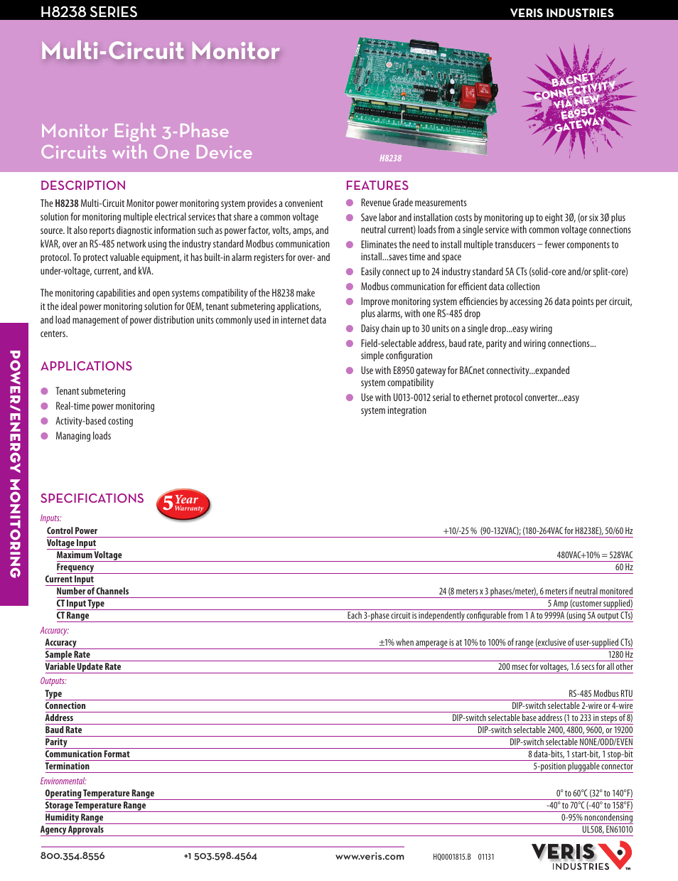 Veris Industries H8238 SERIES Datasheet User Manual | 2 pages