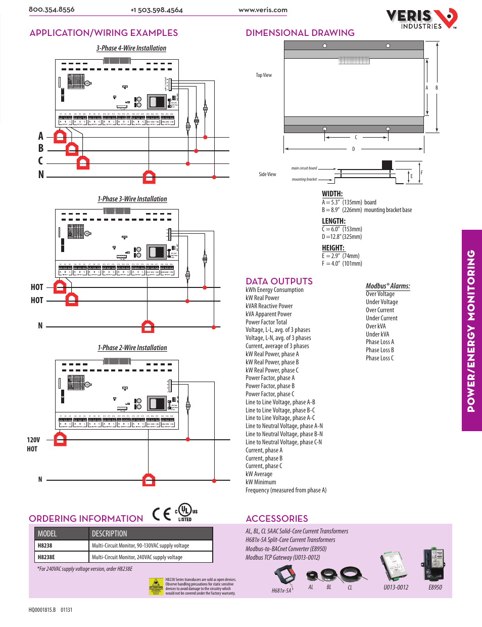 Ab c n, Po wer/ener g y monit oring, Application/wiring examples | Dimensional drawing, Accessories, Data outputs, Ordering information | Veris Industries H8238 SERIES Datasheet User Manual | Page 2 / 2