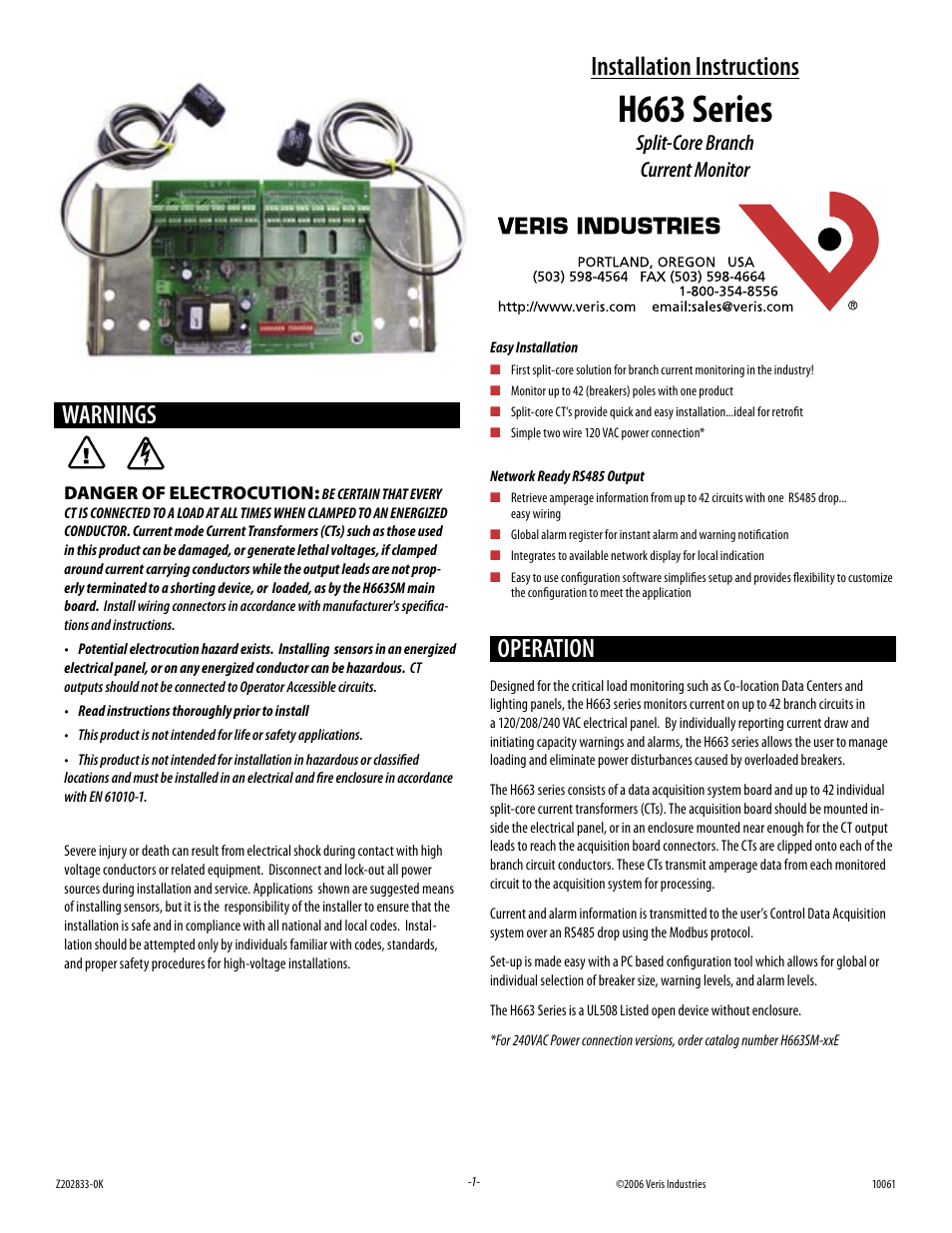 Veris Industries H663 SERIES Install User Manual | 8 pages