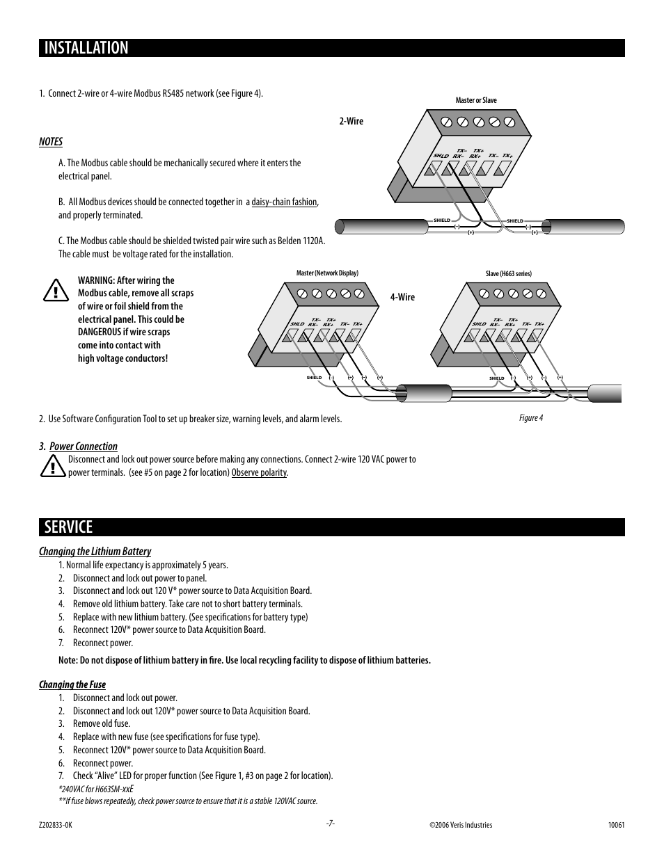 Installation, Service, Power connection | Changing the lithium battery | Veris Industries H663 SERIES Install User Manual | Page 7 / 8