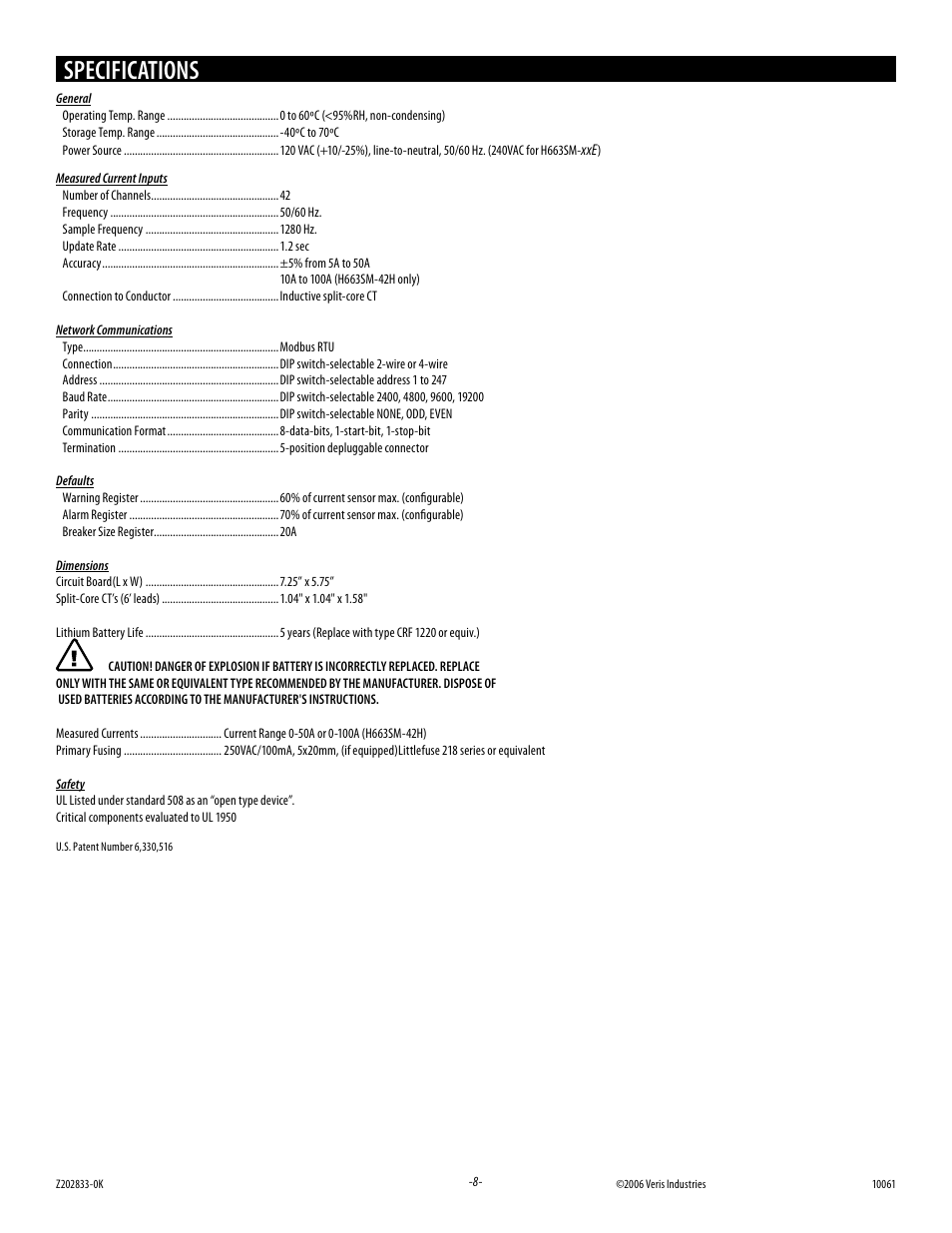 Specifications | Veris Industries H663 SERIES Install User Manual | Page 8 / 8