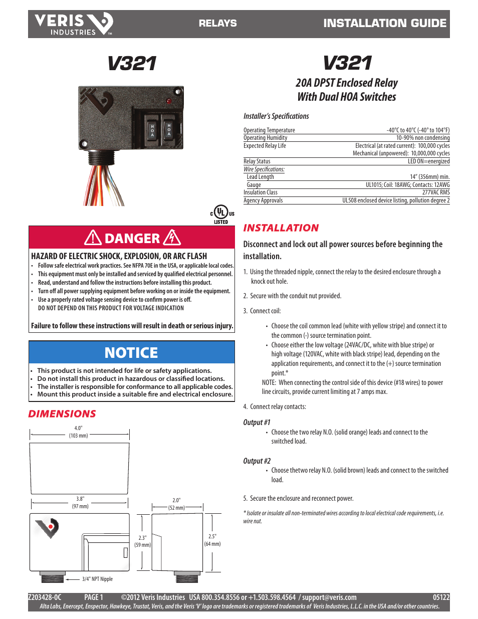 Veris Industries V321 Install User Manual | 2 pages