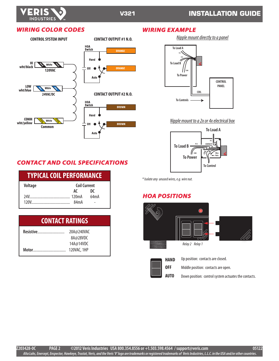 Typical coil performance contact ratings, Installation guide, Wiring color codes contact and coil specifications | Wiring example, Hoa positions | Veris Industries V321 Install User Manual | Page 2 / 2