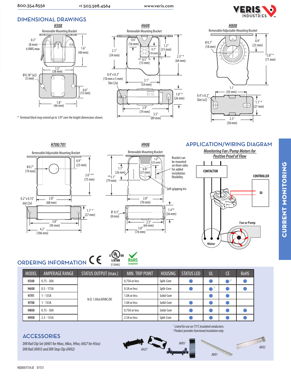 Current monit oring, Application/wiring diagram, Dimensional drawings | Ordering information, Accessories, Rohs | Veris Industries H701 Datasheet User Manual | Page 2 / 2