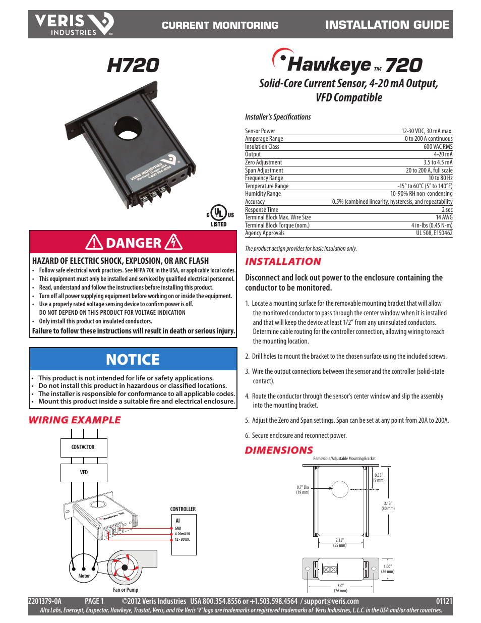 Veris Industries H720 Install User Manual | 2 pages