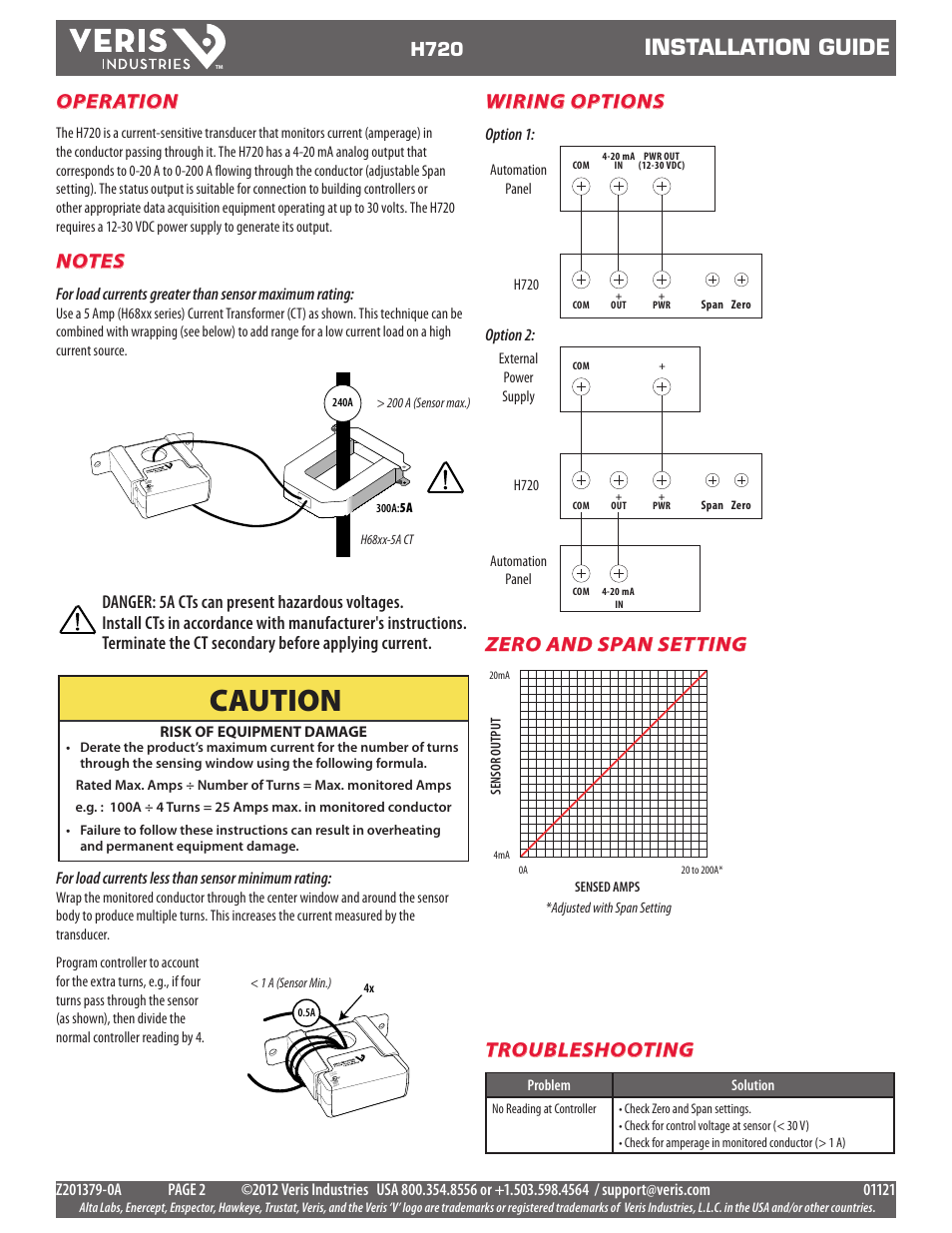 Caution, Installation guide, Operation | Troubleshooting, Zero and span setting, Wiring options, H720 | Veris Industries H720 Install User Manual | Page 2 / 2