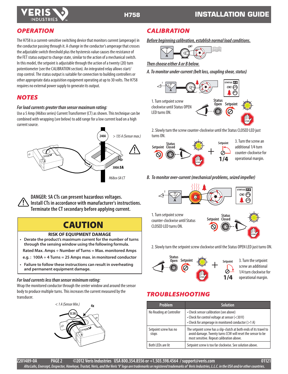 Caution, Installation guide, Operation | Troubleshooting, Calibration, H758 | Veris Industries H758 Install User Manual | Page 2 / 2