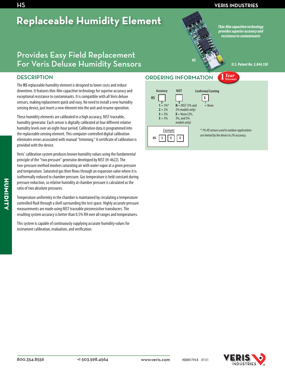 Veris Industries HS Datasheet User Manual | 2 pages