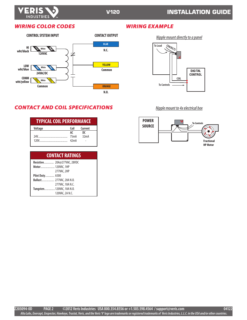 Installation guide, Typical coil performance contact ratings, Wiring example | Wiring color codes contact and coil specifications, V120, Nipple mount directly to a panel, Nipple mount to 4x electrical box, Power source | Veris Industries V120 Install User Manual | Page 2 / 2