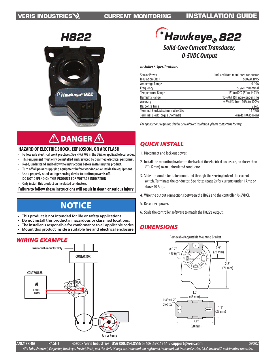 Veris Industries H822 Install User Manual | 2 pages