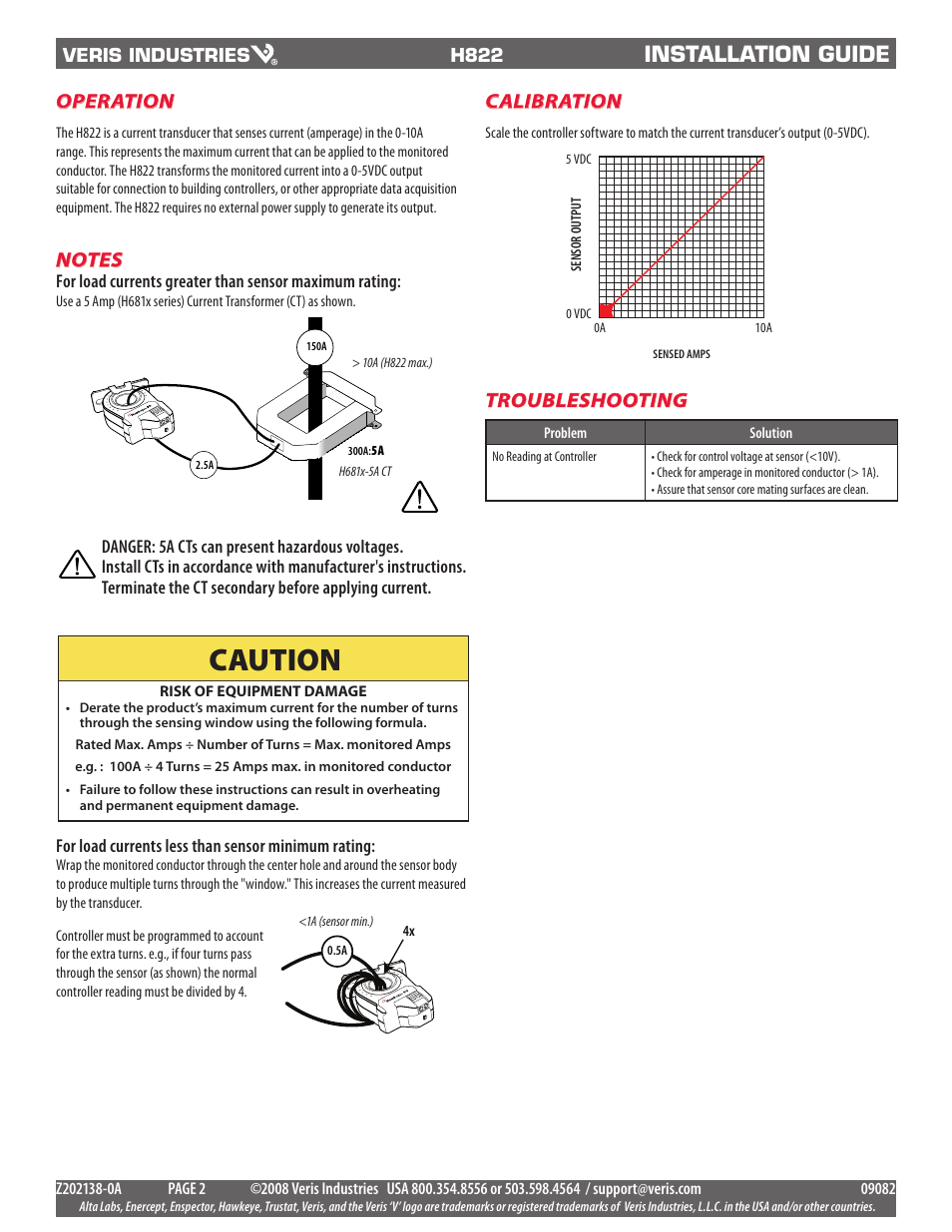 Caution, Installation guide, Operation | Calibration | Veris Industries H822 Install User Manual | Page 2 / 2