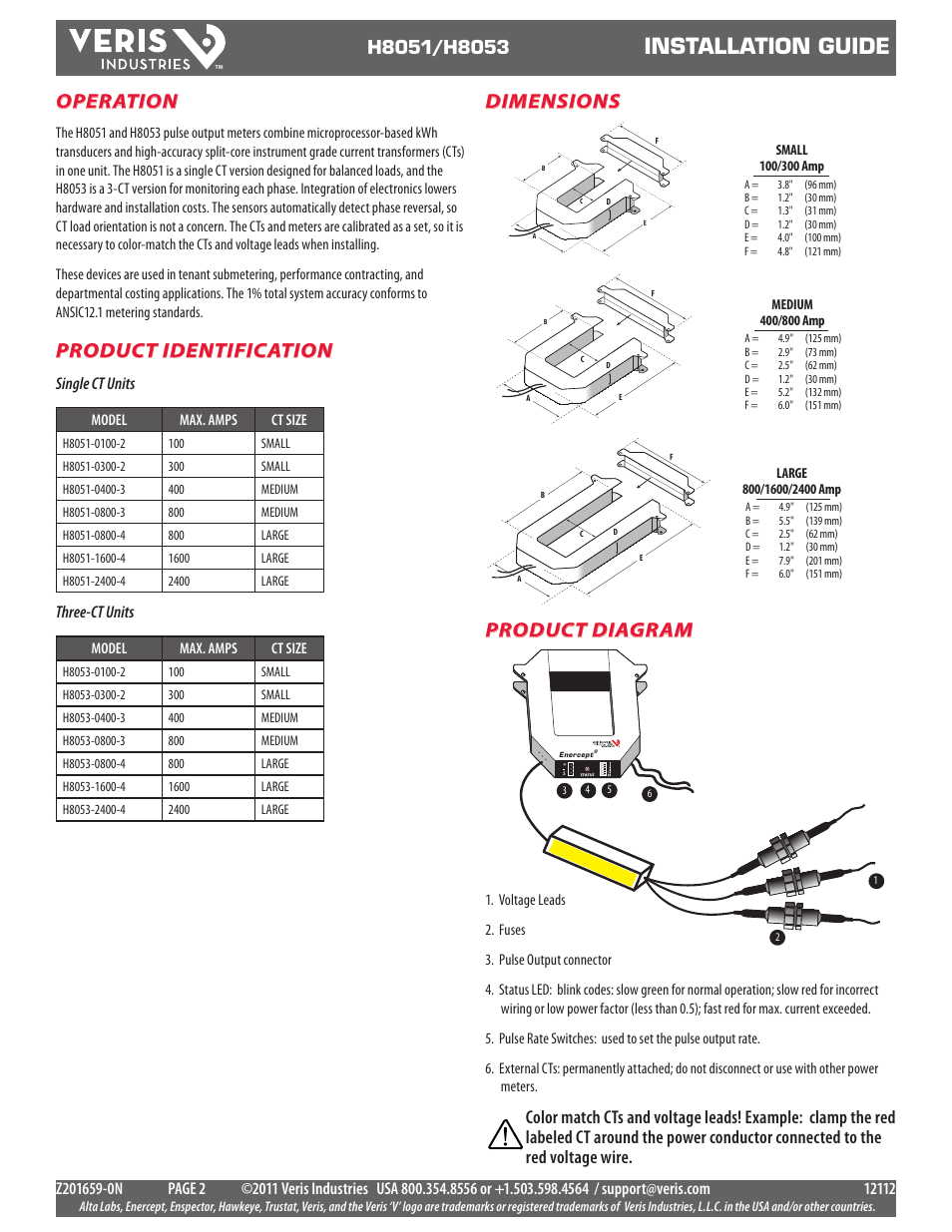 Installation guide, Operation, Product diagram product identification | Dimensions, Single ct units, Three-ct units | Veris Industries H8053 Install User Manual | Page 2 / 5