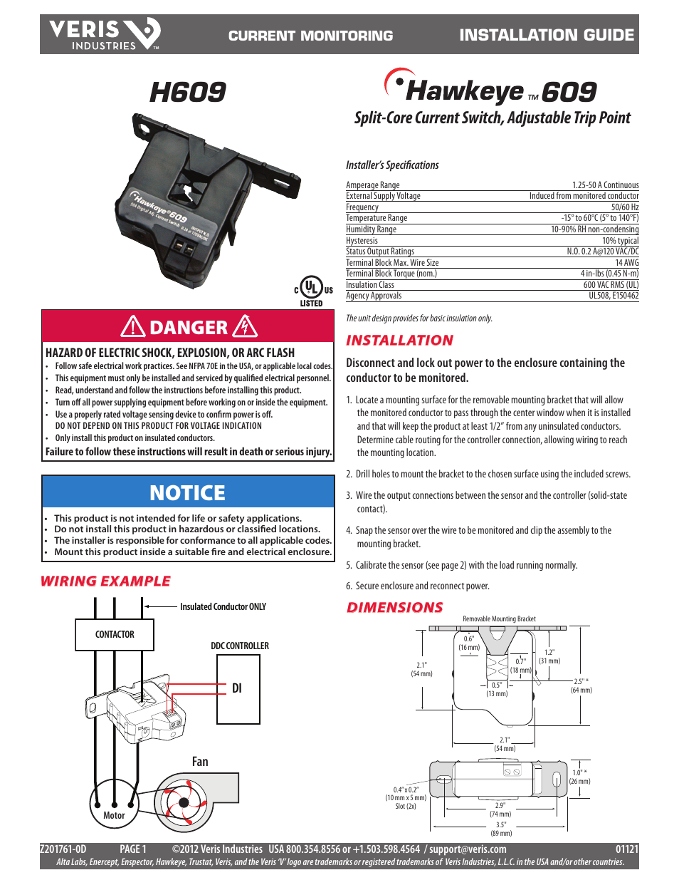 Veris Industries H609 Install User Manual | 2 pages