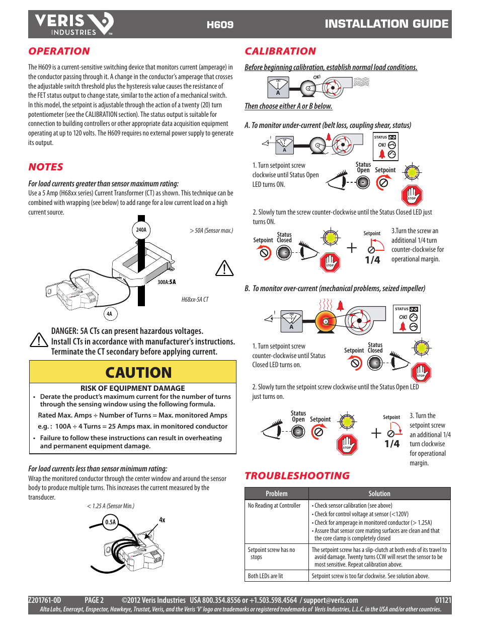 Caution, Installation guide, Operation | Troubleshooting, Calibration, H609 | Veris Industries H609 Install User Manual | Page 2 / 2