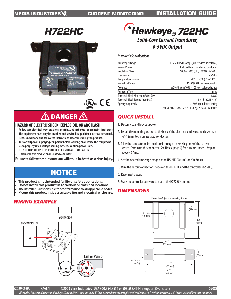 Veris Industries H722HC Install User Manual | 2 pages