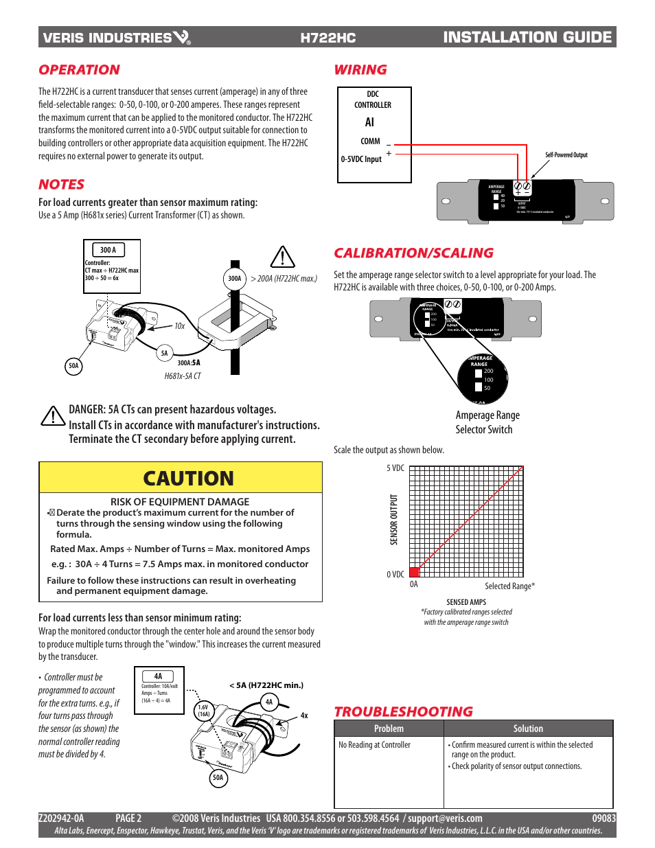 Caution, Installation guide, Operation | Wiring, Calibration/scaling, H722hc, For load currents less than sensor minimum rating, Amperage range selector switch | Veris Industries H722HC Install User Manual | Page 2 / 2