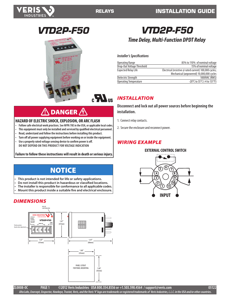 Veris Industries VTD2P-F50 Install User Manual | 2 pages