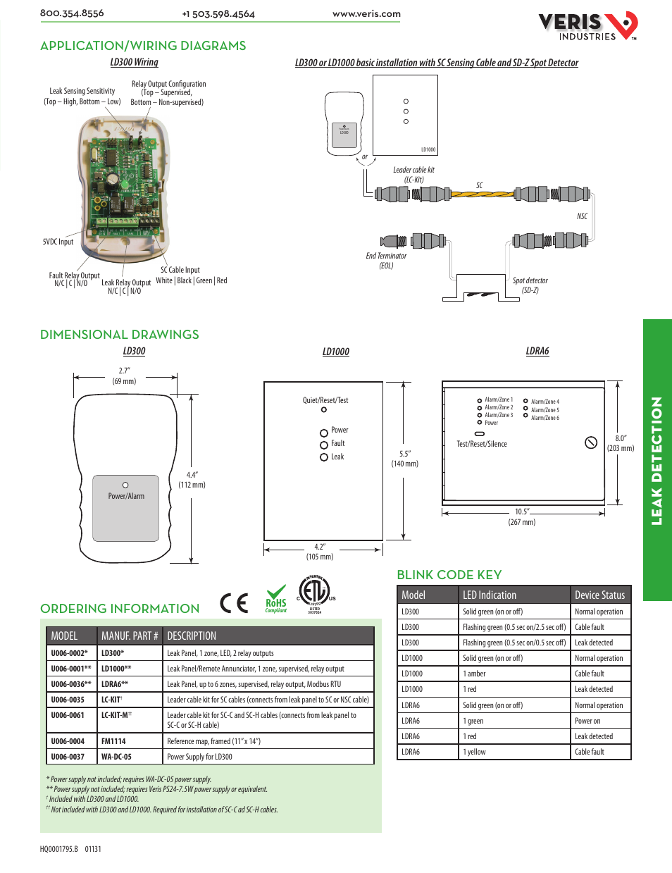 Le ak dete ction, Dimensional drawings application/wiring diagrams, Blink code key ordering information | Model manuf. part # description, Model led indication device status, Rohs | Veris Industries LDRA6 Datasheet User Manual | Page 2 / 2