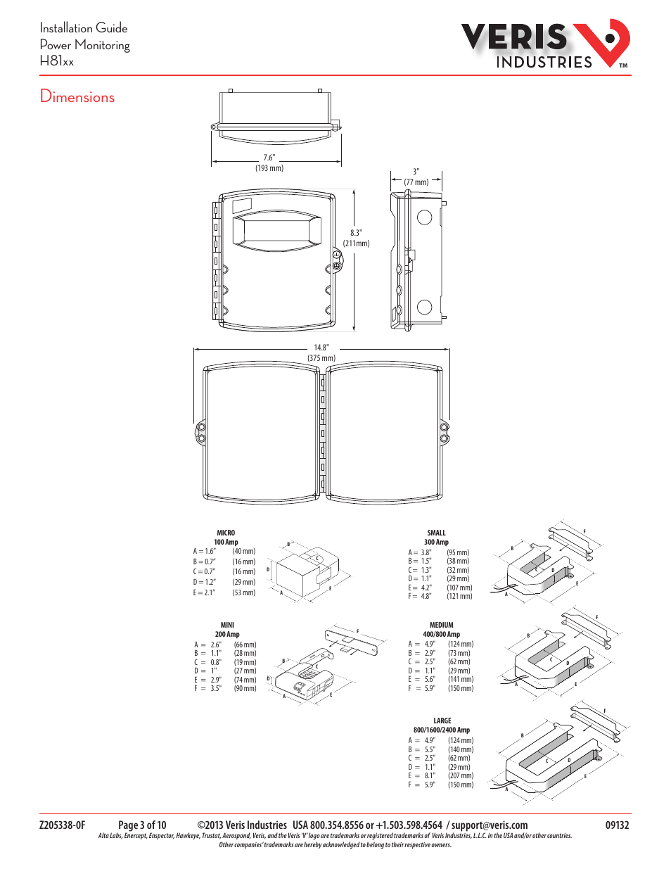 Dimensions, Installation guide power monitoring h81xx | Veris Industries H81xx SERIES Install User Manual | Page 3 / 10