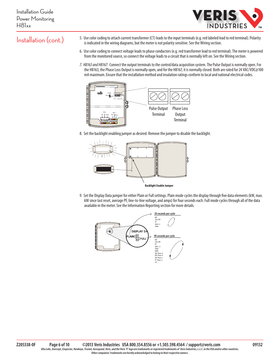 Installation (cont.), Installation guide power monitoring h81xx, Pulse output terminal phase loss output terminal | Veris Industries H81xx SERIES Install User Manual | Page 6 / 10
