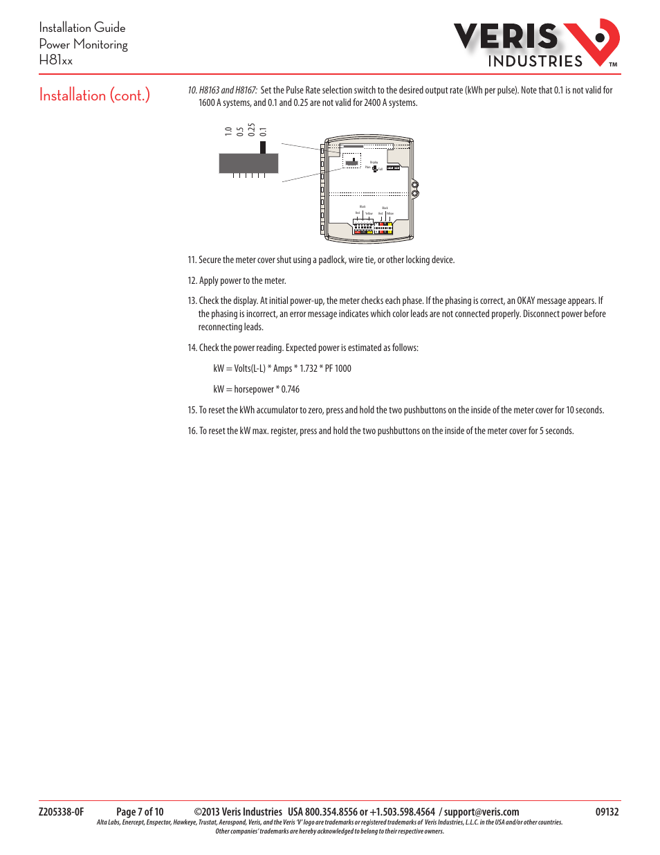 Installation (cont.), Installation guide power monitoring h81xx | Veris Industries H81xx SERIES Install User Manual | Page 7 / 10
