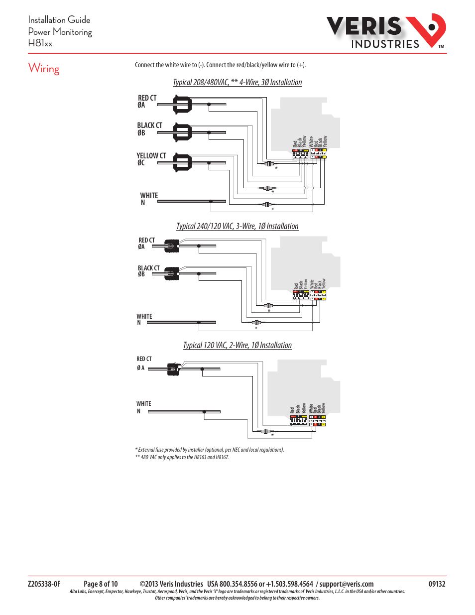 Wiring, Installation guide power monitoring h81xx, Red ct white øa øb n black ct øc yellow ct | Veris Industries H81xx SERIES Install User Manual | Page 8 / 10