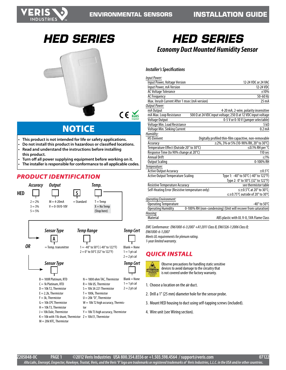 Veris Industries HED SERIES Install User Manual | 2 pages